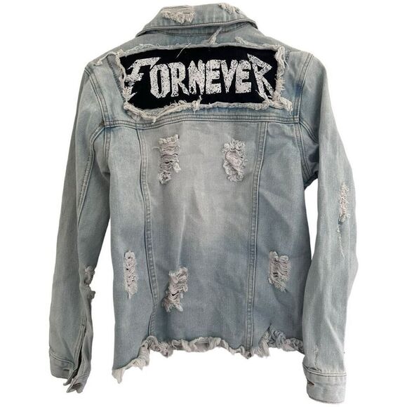 UNIF Light Wash Denim Jacket Size M You Wish For Never Retro Punk Princess - Picture 5 of 10